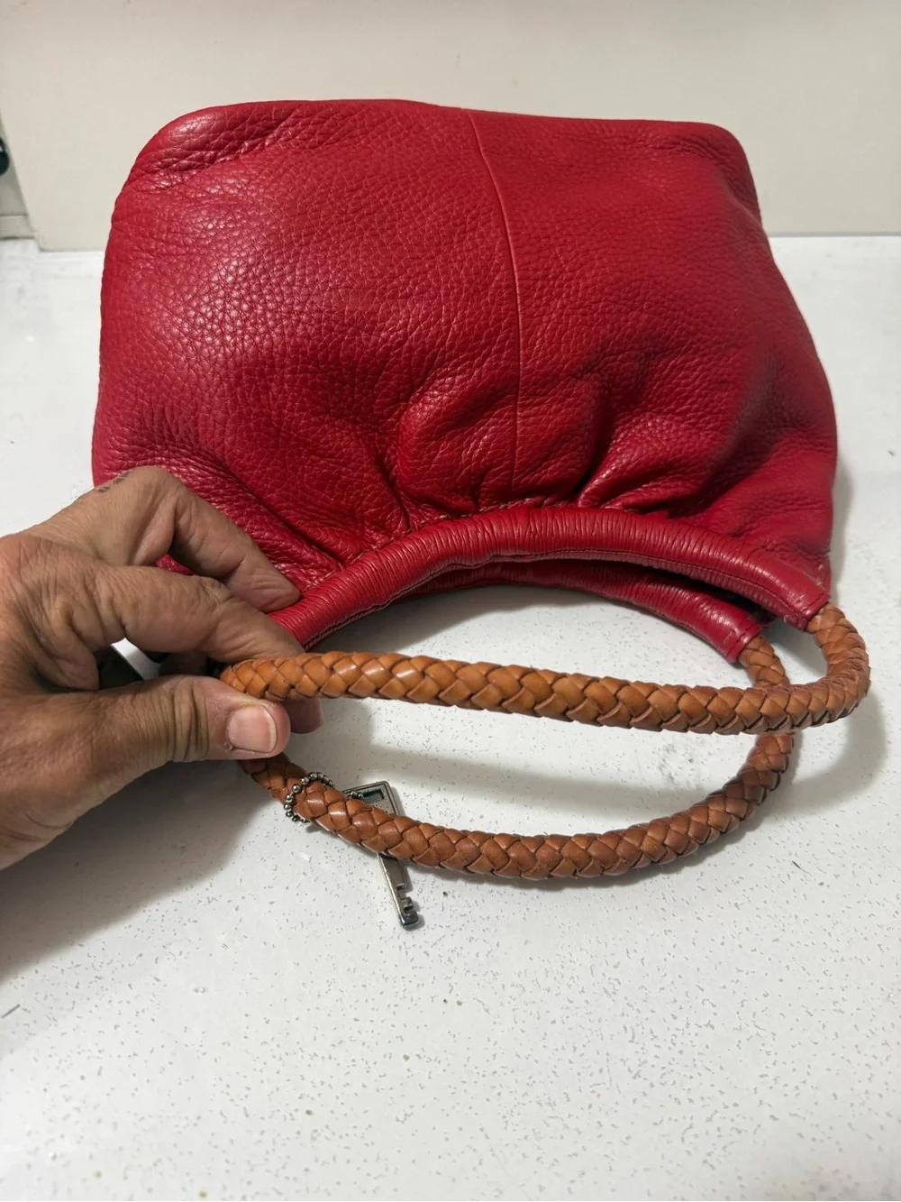 Fossil Red Leather Handbag with Braided Handles